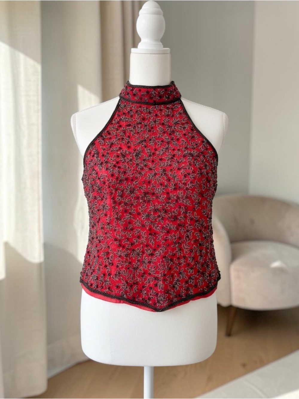 100% Silk Red Embellished Halter Tank Top Excellent Condition
